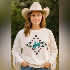 Rowdy Crowd Rodeo Cowboy Sequin Arm Fringe Sweater